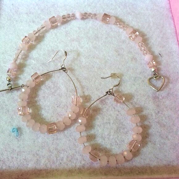 Swarovski Crystal Hand-Made Pink Earring Hoops/ Bracelet Sterling Set - Picture 6 of 9